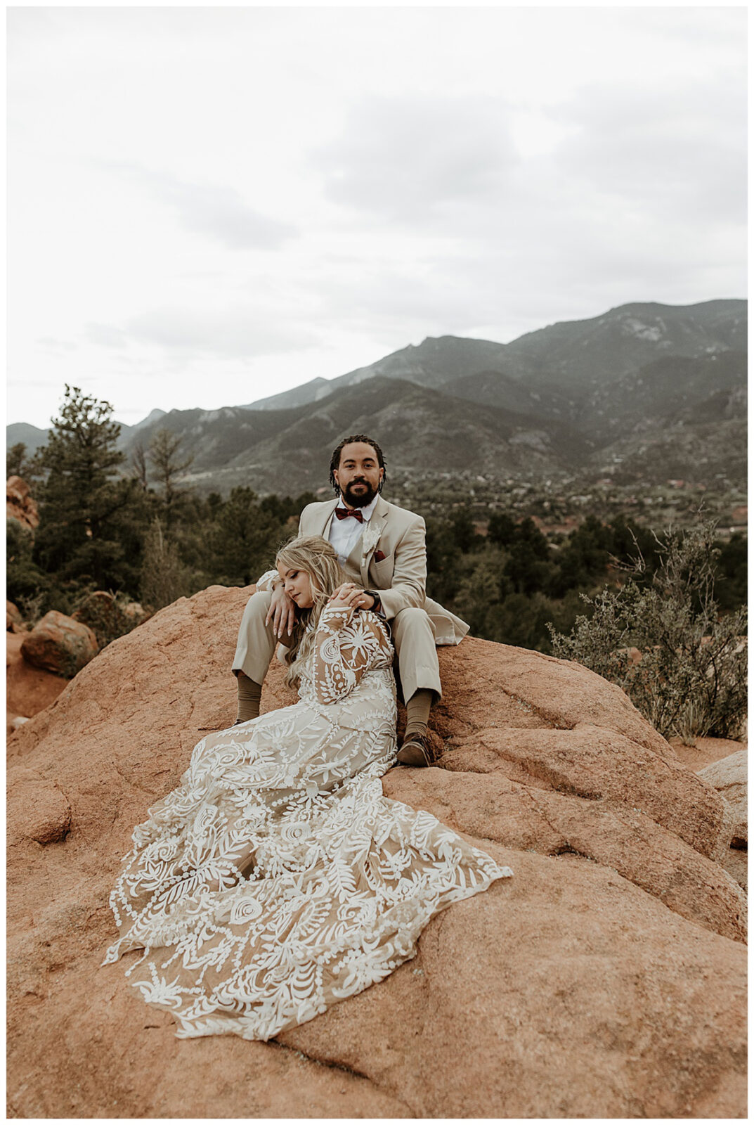 Garden of the Gods, Colorado boho micro wedding. Newlyweds. Interracial couple.