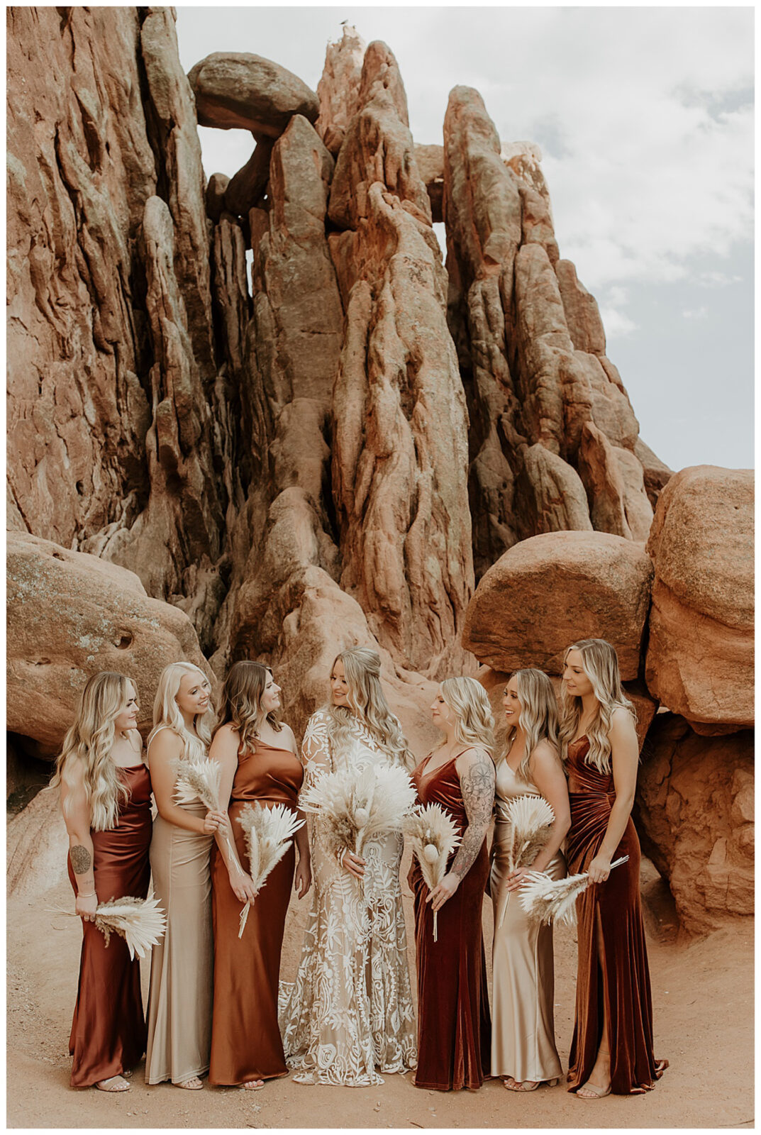 Garden of the Gods, Colorado boho micro wedding. Boho bridesmaids. Neutral bridesmaids dresses. Bridesmaids dress color pallet.