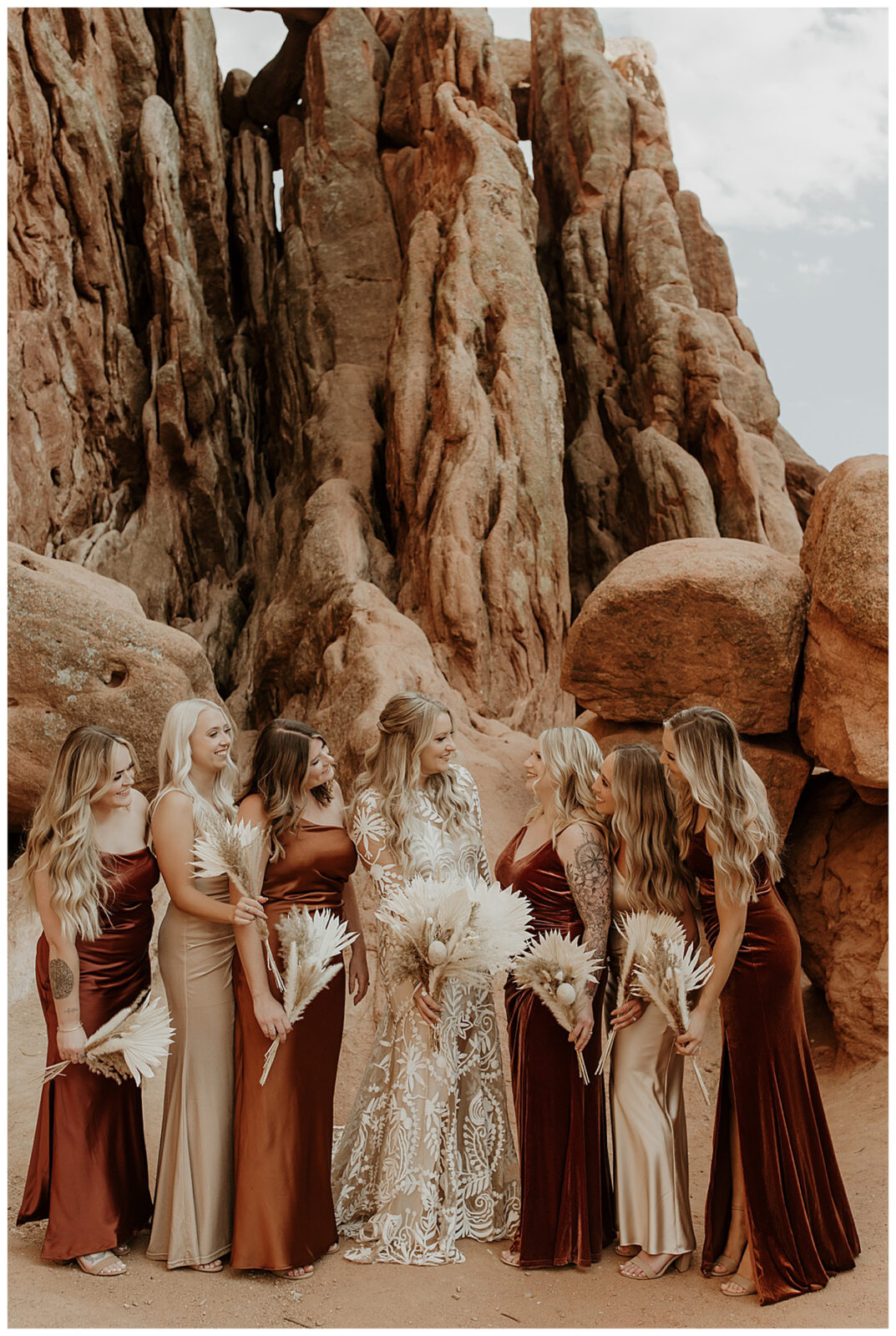Garden of the Gods, Colorado boho micro wedding. Boho bridesmaids. Neutral bridesmaids dresses. Bridesmaids dress color pallet.