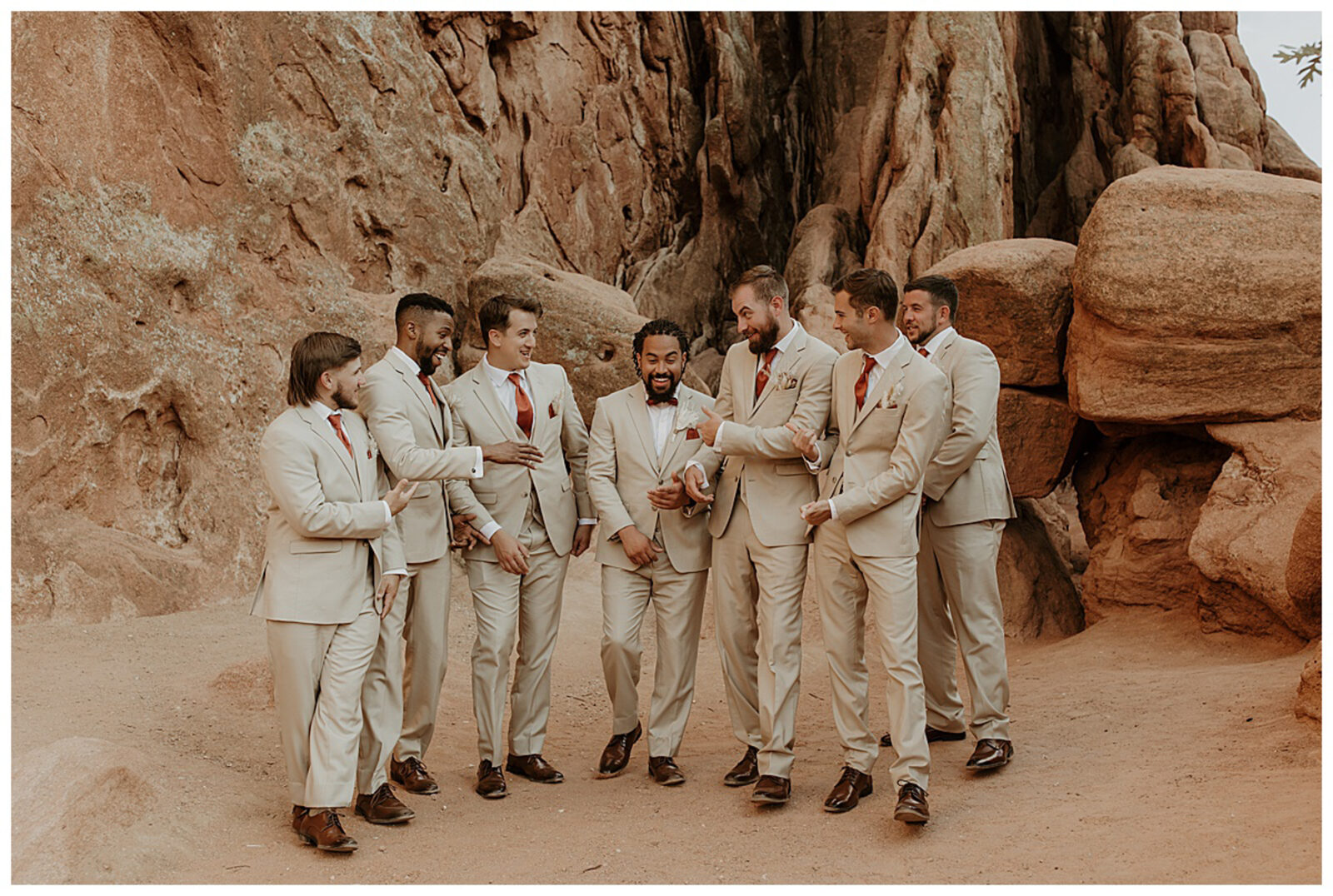 Garden of the Gods, Colorado boho micro wedding. Groom and groomsmen. Boho groomsmen suits. Neutral colored wedding suits.