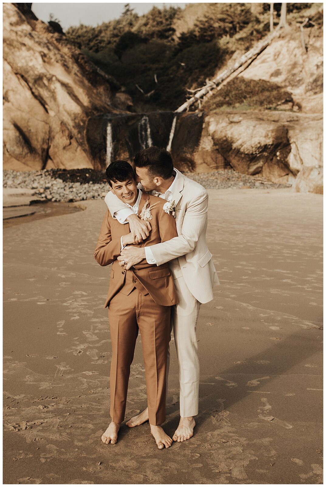 Boho same sex marriage in the beautiful state of Oregon at Hug Point on the west coast. Gay couple wedding day suit inspiration.